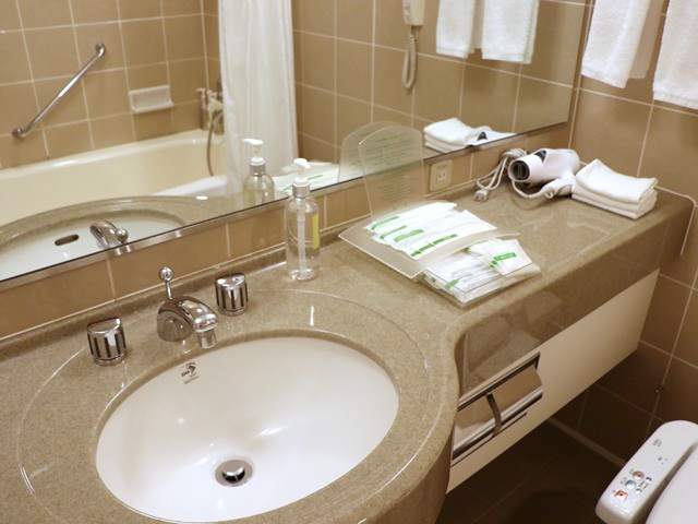 バスルームの洗面化粧台と鏡、備品（アメニティ）