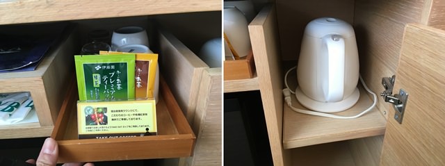 那覇東急REIホテルのお部屋の備品 お茶セットと湯沸かしポット